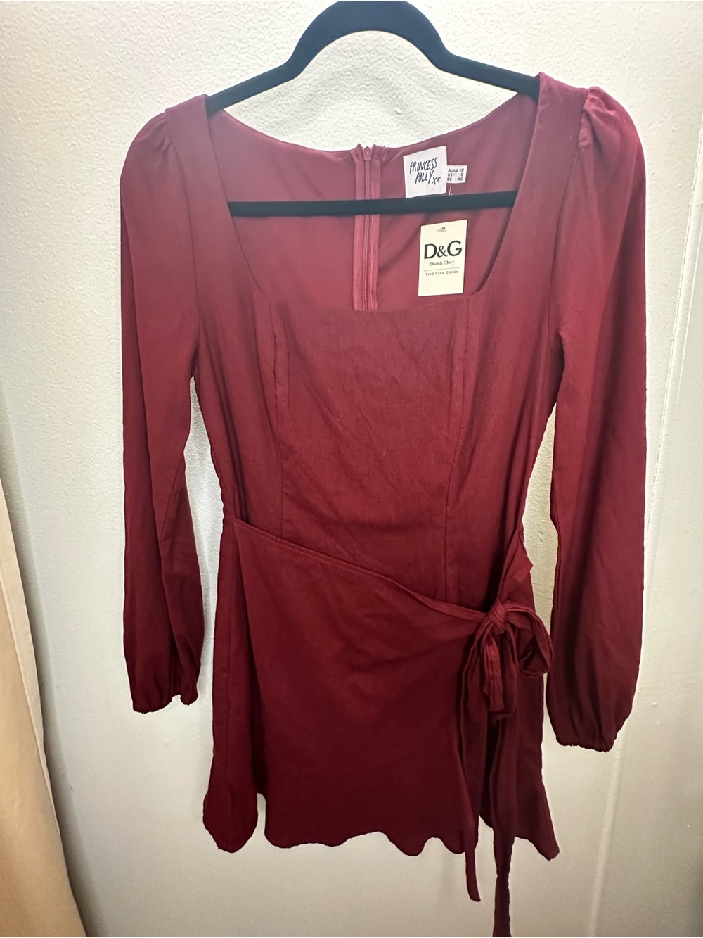 Princess Polly Burgundy Long-Sleeve Faux Wrap Mini Dress